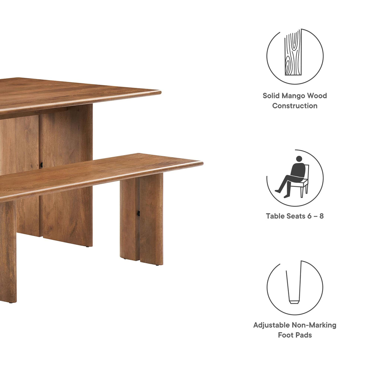 Amistad wood dining table and bench set in natural mango wood; seats 6–8 on Tampa Home & Garden Store