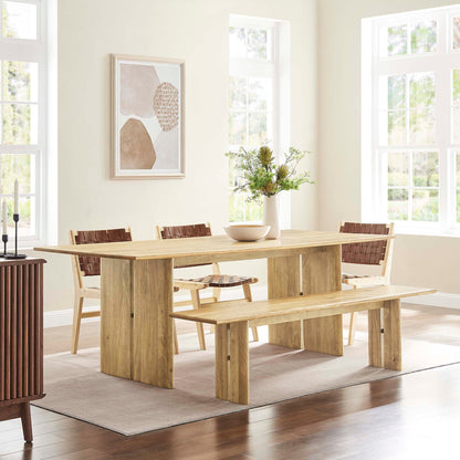 Amistad wood dining table and bench set in natural oak with woven seating on Tampa Home & Garden Store