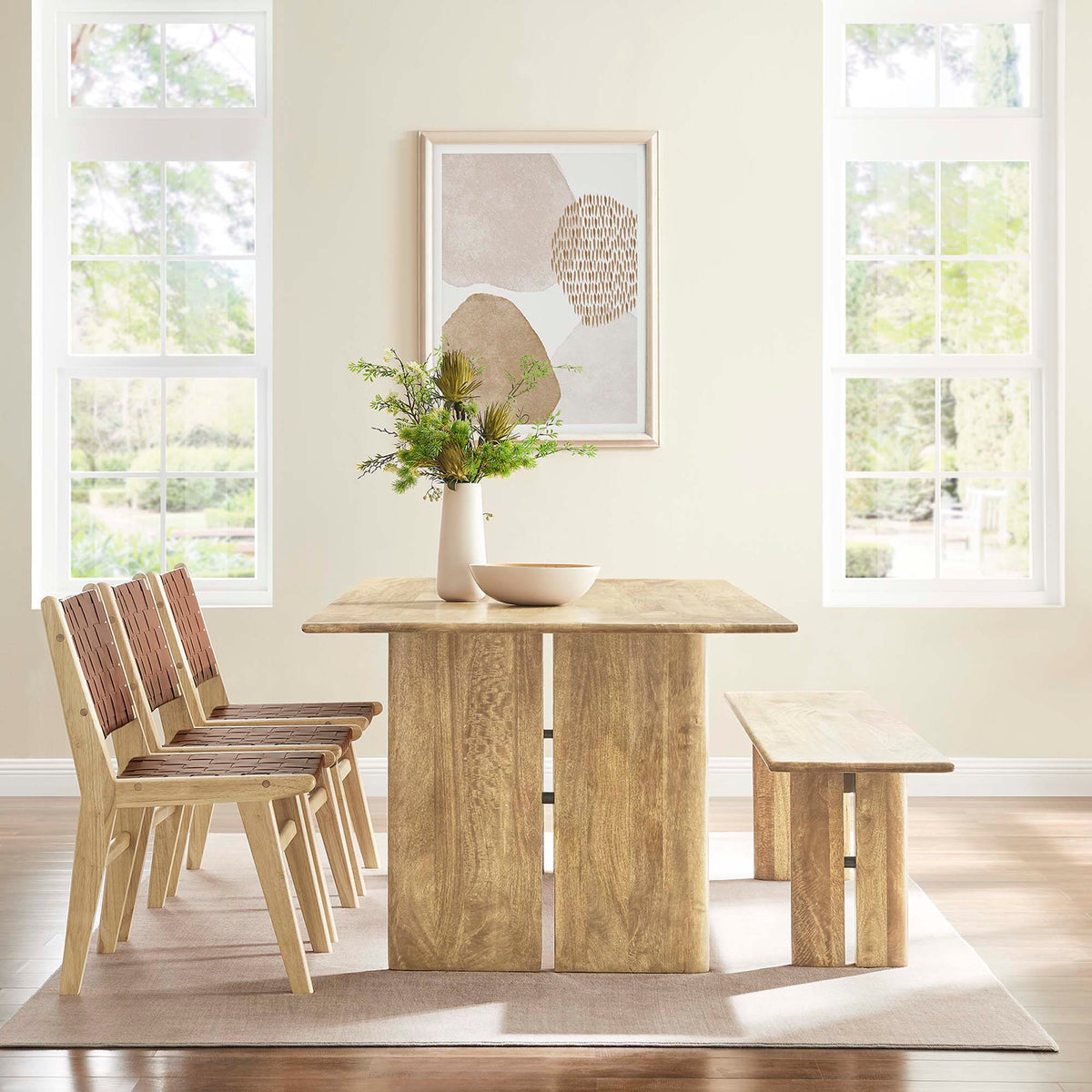 Amistad wood dining table and bench set with woven-seat chairs in natural finish on Tampa Home & Garden Store