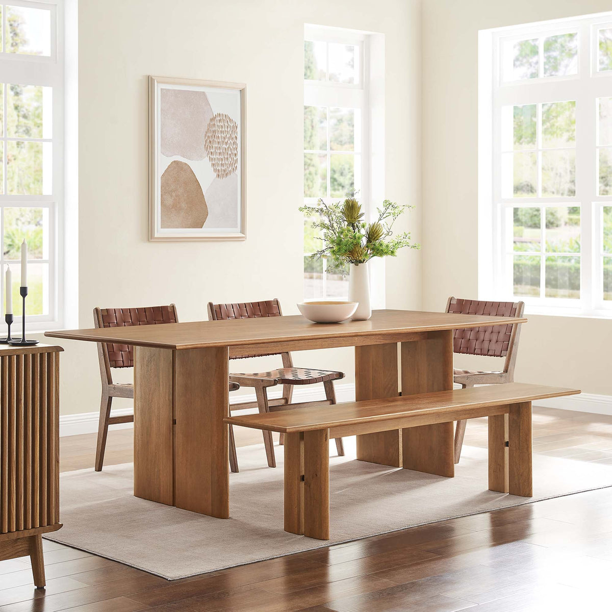 Amistad wood dining table and bench set in warm oak finish, Modway design by HouseOfZazla on Tampa Home & Garden Store