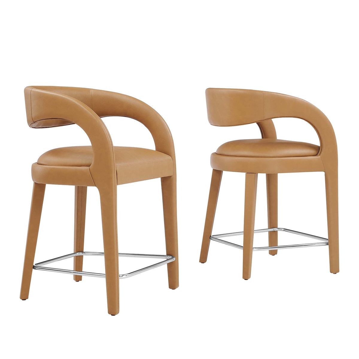 Pinnacle vegan leather counter stool set of 2 in tan with curved back and chrome footrest on Tampa Home & Garden Store