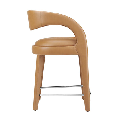 Pinnacle vegan leather counter stool set of 2, tan curved back, wood legs with chrome footrest on Tampa Home & Garden Store