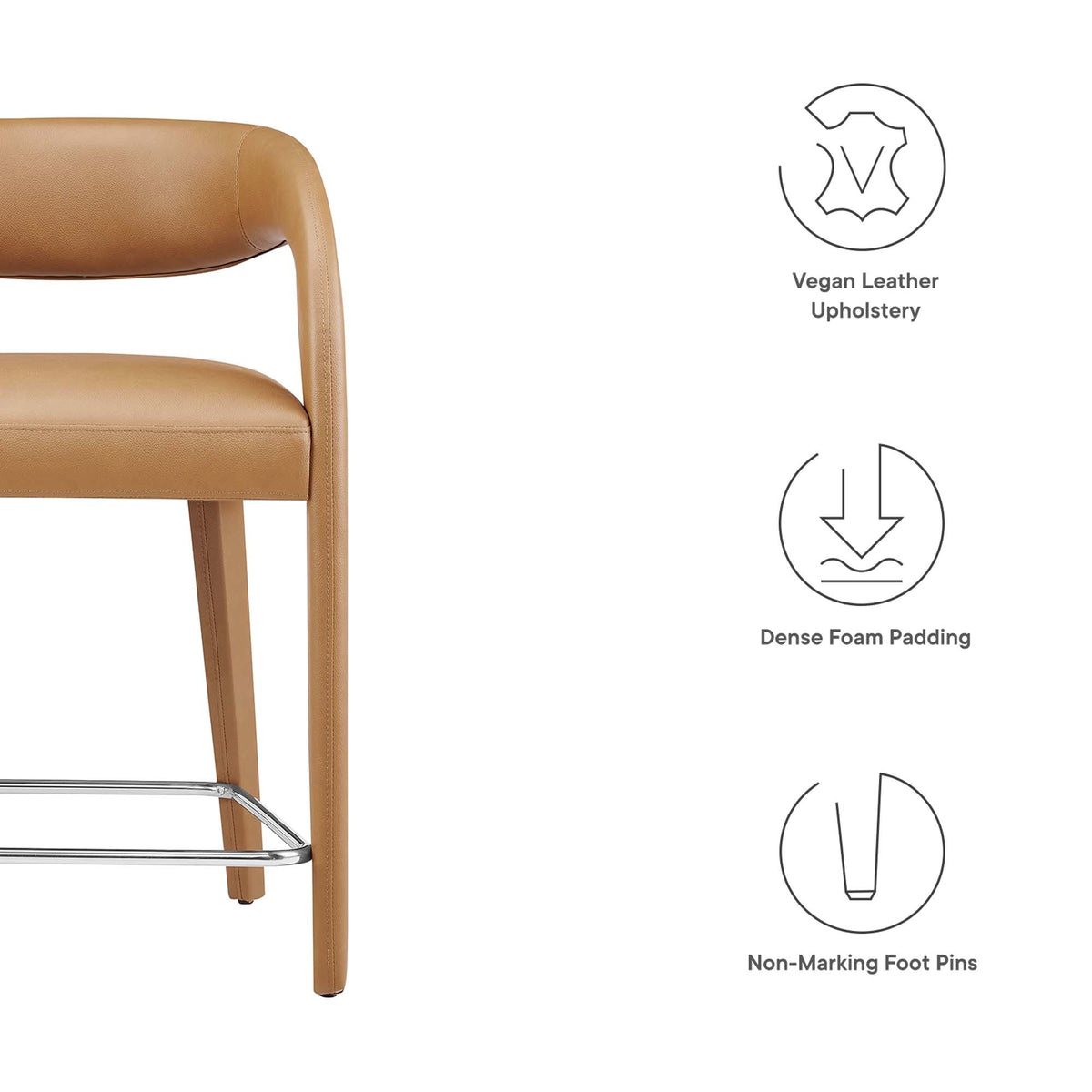 Pinnacle vegan leather counter stool set of 2, tan upholstery with chrome footrest on Tampa Home & Garden Store