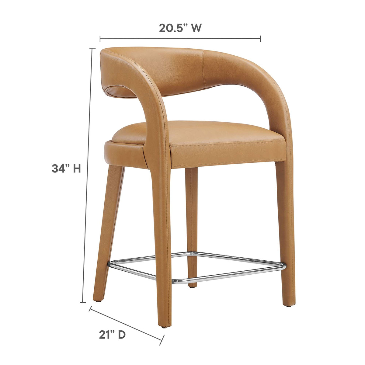 Pinnacle vegan leather counter stool set of 2, tan with curved backrest and chrome footrest on Tampa Home & Garden Store