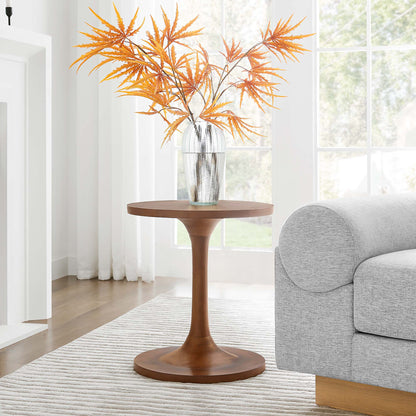 Lina round wood side table by Modway, warm brown finish with a glass vase and orange leaves on Tampa Home & Garden Store