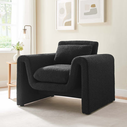 Waverly Boucle upholstered armchairs in black, two-piece set in a living room by Modway on Tampa Home & Garden Store