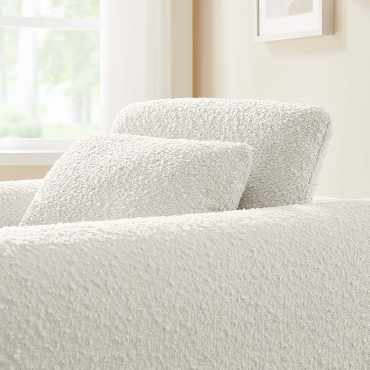 Waverly Boucle Upholstered Armchair ivory boucle texture close-up HouseOfZazla on Tampa Home & Garden Store