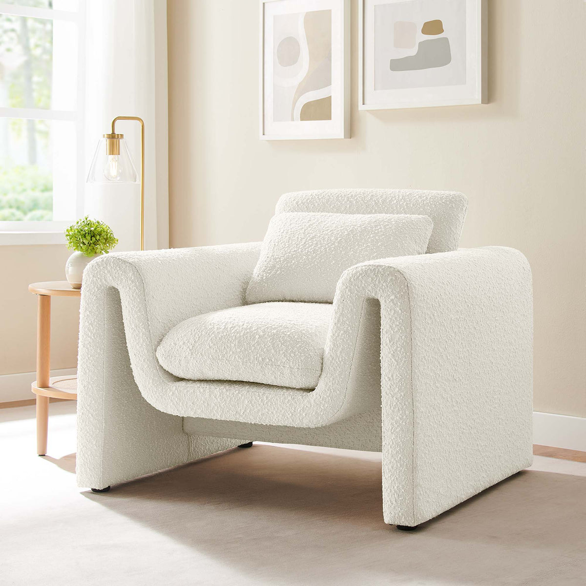 Waverly Boucle Upholstered Armchairs in cream fabric with rounded arms, pair in living room on Tampa Home & Garden Store