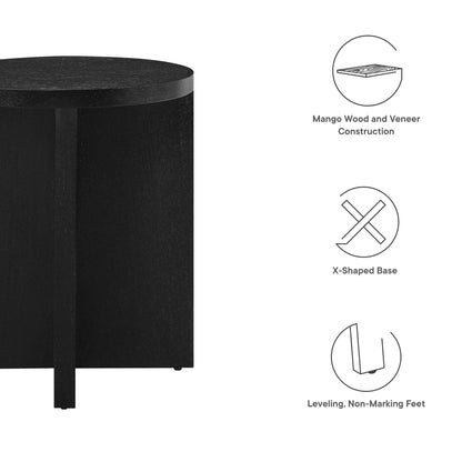 Silas Round Wood Side Table, black wood finish, round top and sturdy leg, partial view on Tampa Home & Garden Store