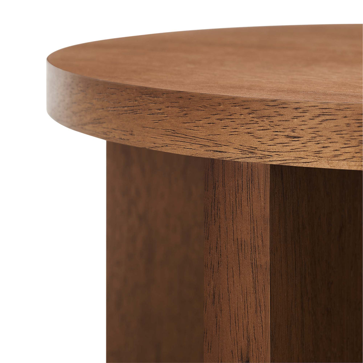 Silas Round Wood Side Table by Modway, close-up of warm brown wood grain edge on Tampa Home & Garden Store