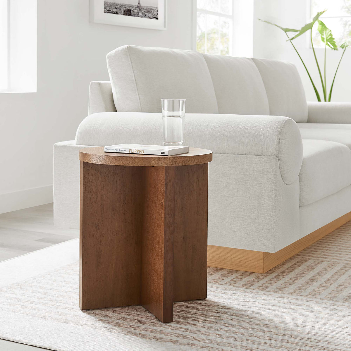 Silas round wood side table by Modway, walnut finish beside sofa with glass top and book on Tampa Home & Garden Store