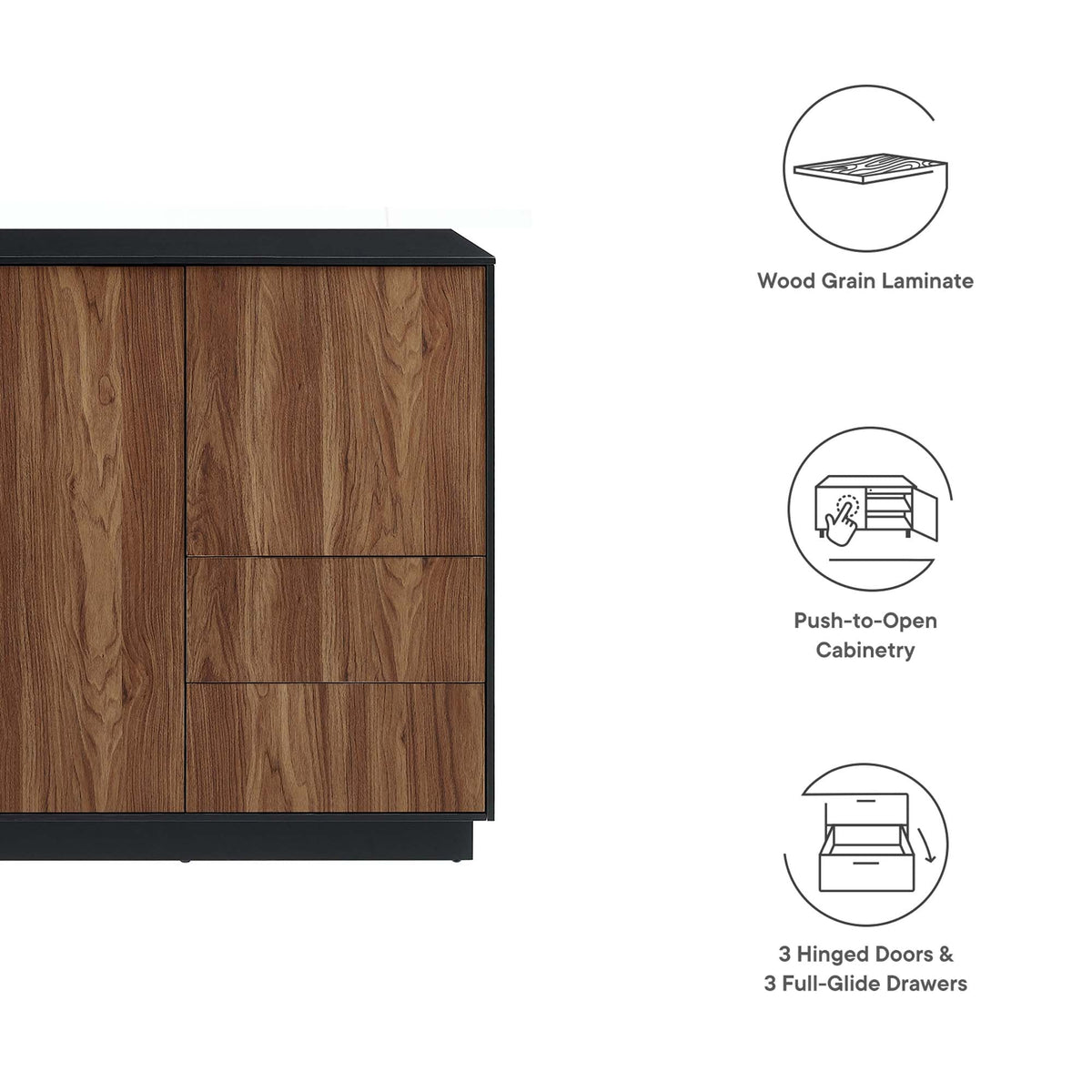 Holden 47-Inch Sideboard with wood grain laminate and black top, modern buffet on Tampa Home & Garden Store