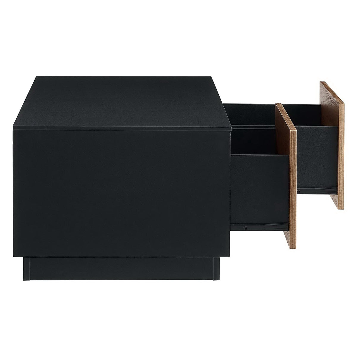 Holden 36-Inch black coffee table with natural wood side rails in a modern living room setting on Tampa Home & Garden Store