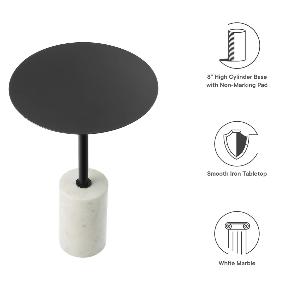 Lyric Round Side Table by Modway, black round tabletop on white marble base on Tampa Home & Garden Store