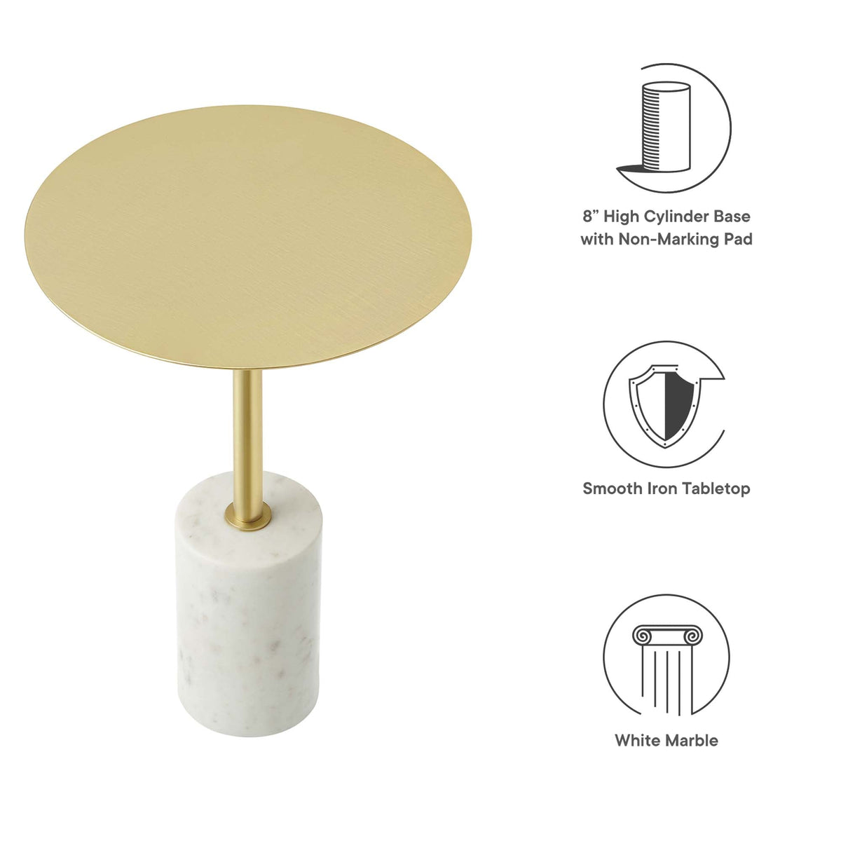 Lyric Round Side Table by Modway, gold brass round top on a slim stem with white marble base on Tampa Home & Garden Store