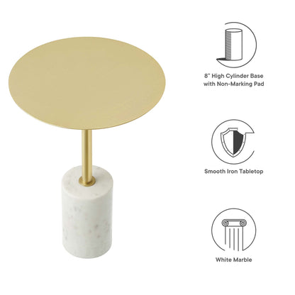 Lyric Round Side Table by Modway, gold brass round top on a slim stem with white marble base on Tampa Home & Garden Store