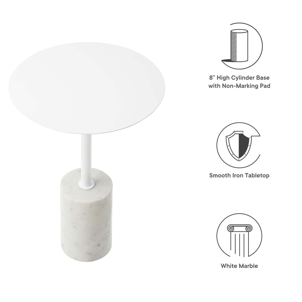 Lyric Round Side Table by Modway, white marble cylindrical base and round white tabletop on Tampa Home & Garden Store
