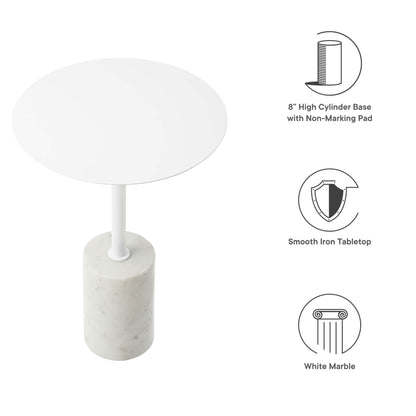 Lyric Round Side Table by Modway, white marble cylindrical base and round white tabletop on Tampa Home & Garden Store