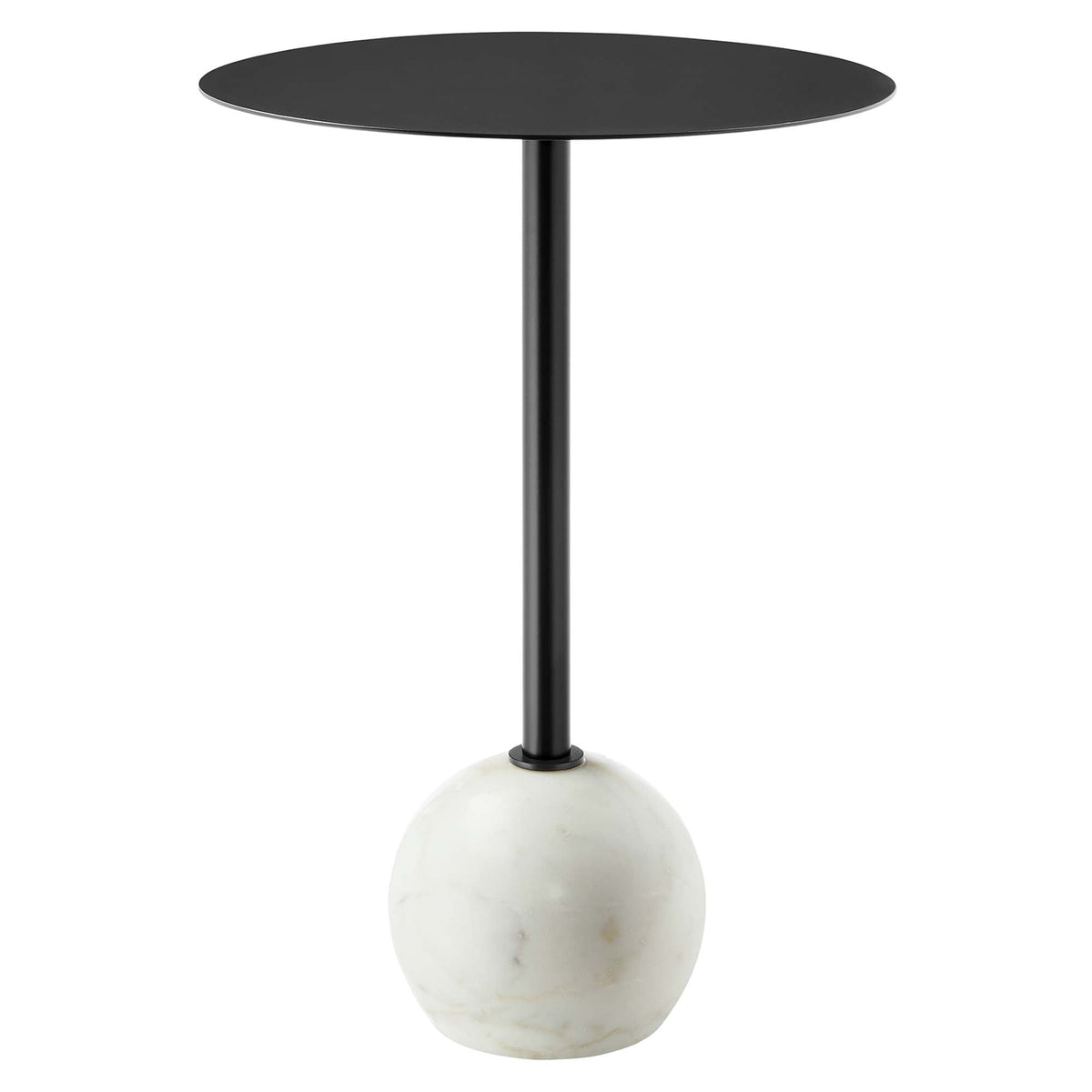 Aliza Round White Marble Side Table with black top and black metal stem marble base on Tampa Home & Garden Store