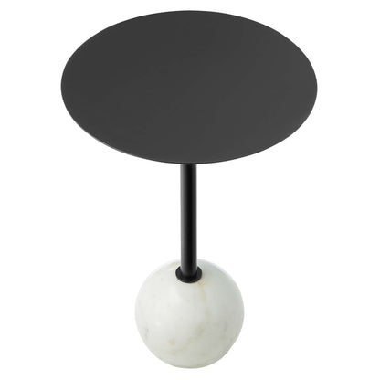 Aliza round white marble side table with black metal stem and round black top on Tampa Home & Garden Store