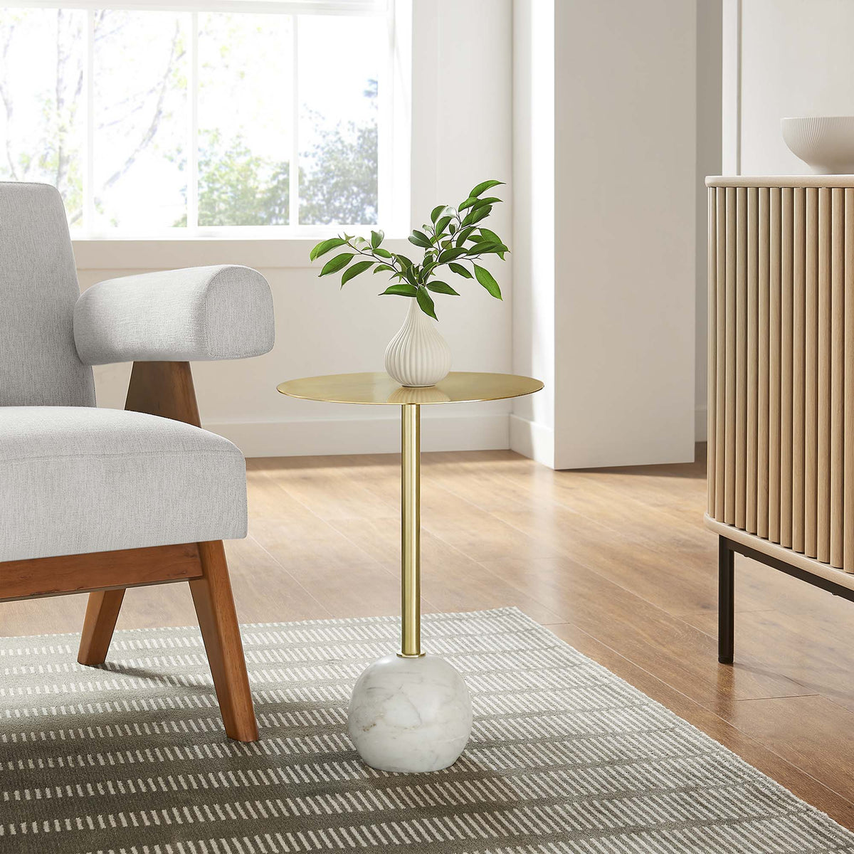 Aliza round white marble side table with gold metal pedestal and marble base on Tampa Home & Garden Store