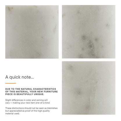 Aliza round white marble side table by Modway catalog page text about natural characteristics on Tampa Home & Garden Store