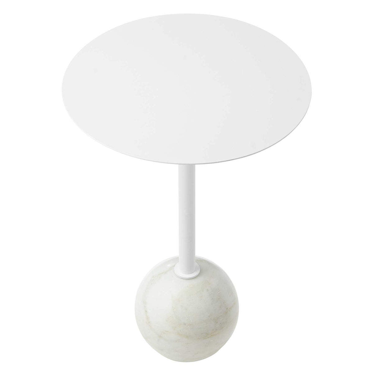 Aliza Round White Marble Side Table white marble top on slim pedestal with marble sphere base on Tampa Home & Garden Store