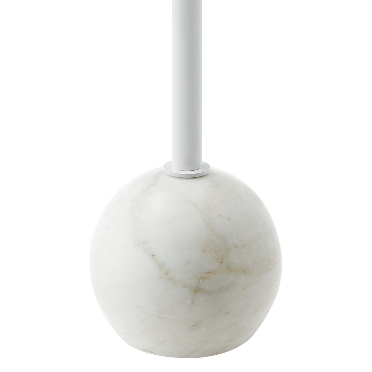 Aliza round white marble side table with cylindrical pedestal atop a marble sphere base on Tampa Home & Garden Store