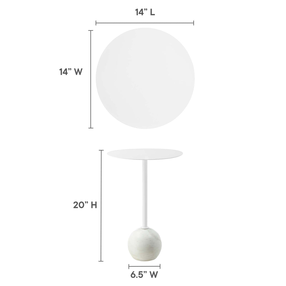 Aliza round white marble side table by Modway with white marble top and stem, 20 inches tall on Tampa Home & Garden Store