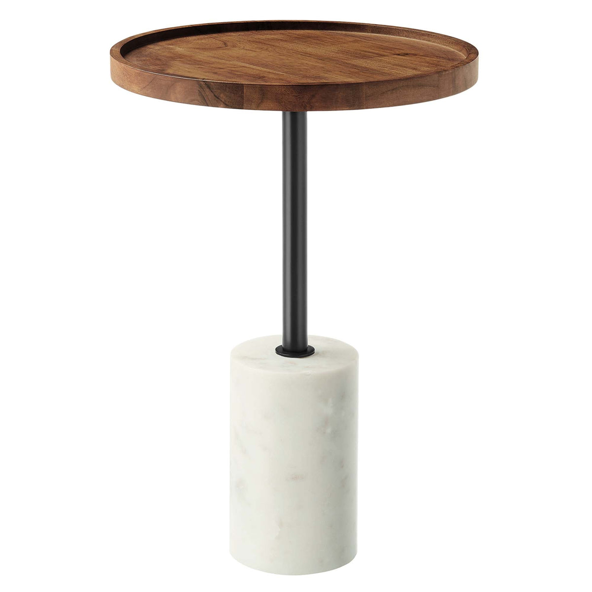 Amina Round Acacia Wood Side Table with black metal stem and white marble base by HouseOfZazla on Tampa Home & Garden Store