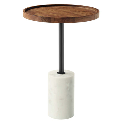 Amina Round Acacia Wood Side Table with black metal stem and white marble base by HouseOfZazla on Tampa Home & Garden Store