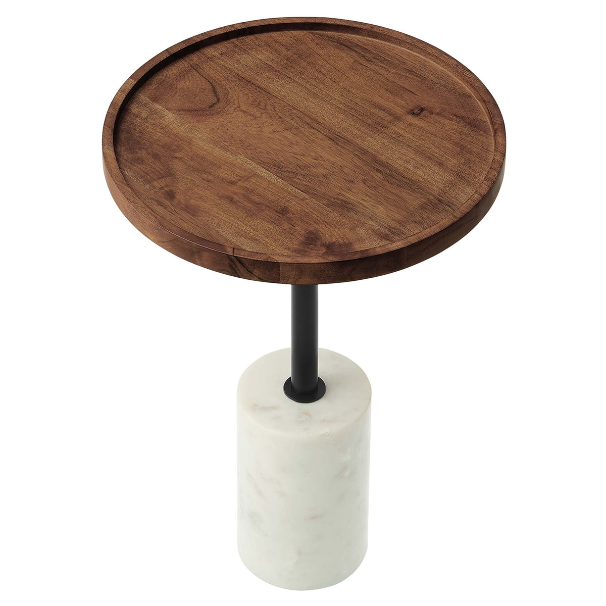 Amina Round Acacia Wood Side Table with dark brown top and white marble base on Tampa Home & Garden Store