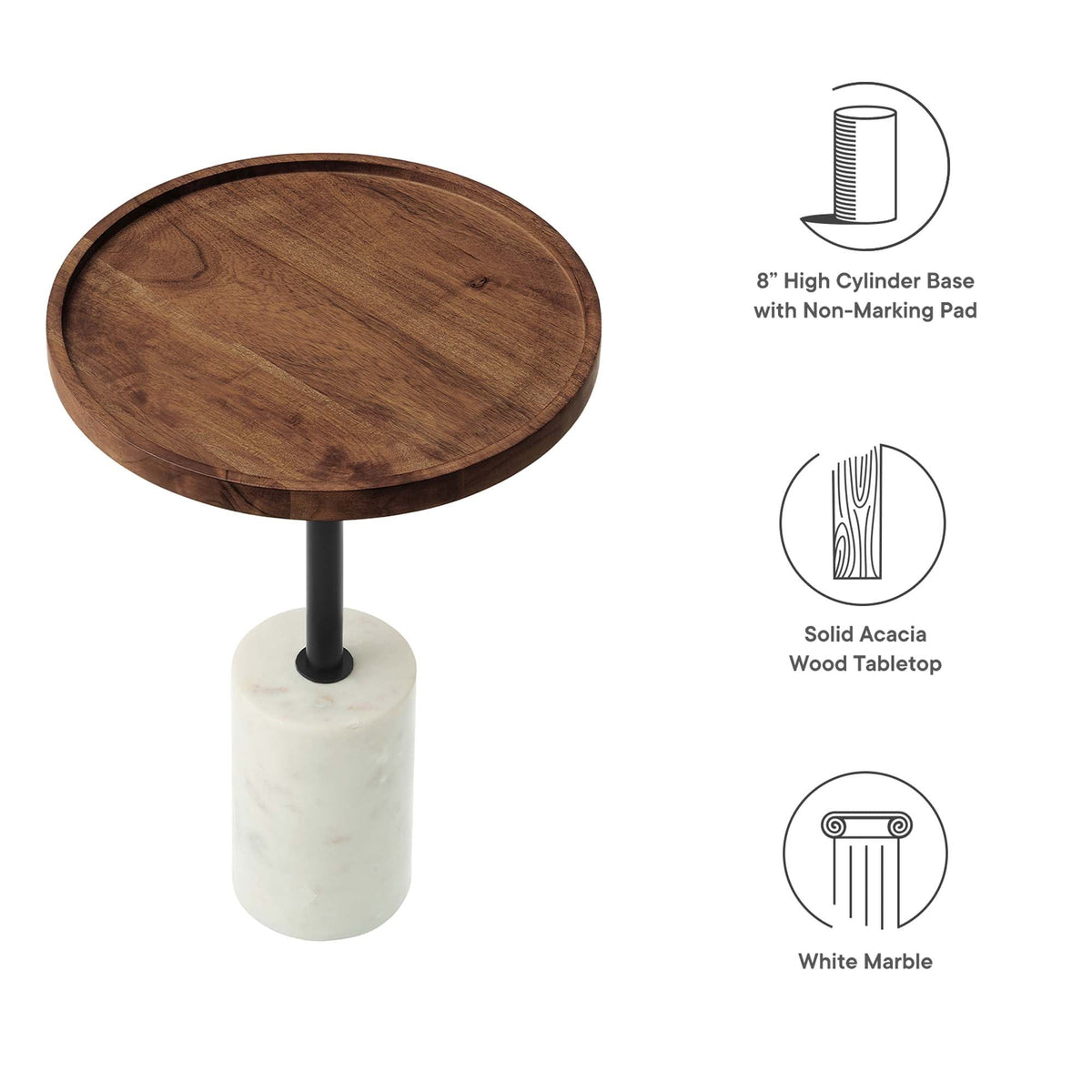 Amina acacia wood side table with black stem and white marble base on Tampa Home & Garden Store
