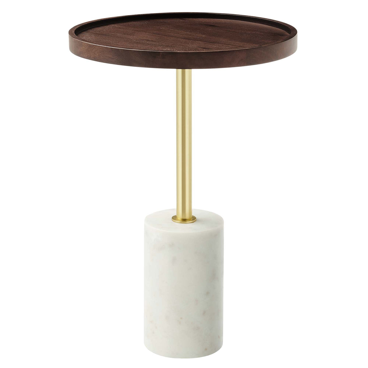 Amina Round Acacia Wood Side Table with dark top, gold pedestal, marble base on Tampa Home & Garden Store