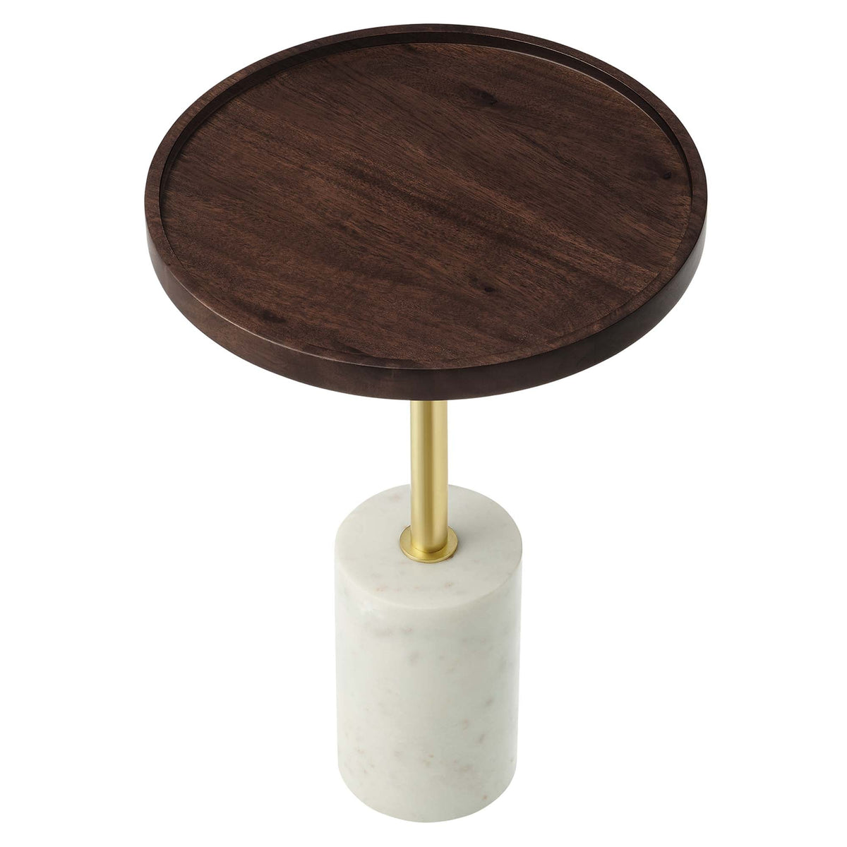 Amina round acacia wood side table with dark brown top, brass stem and marble base by Modway on Tampa Home & Garden Store