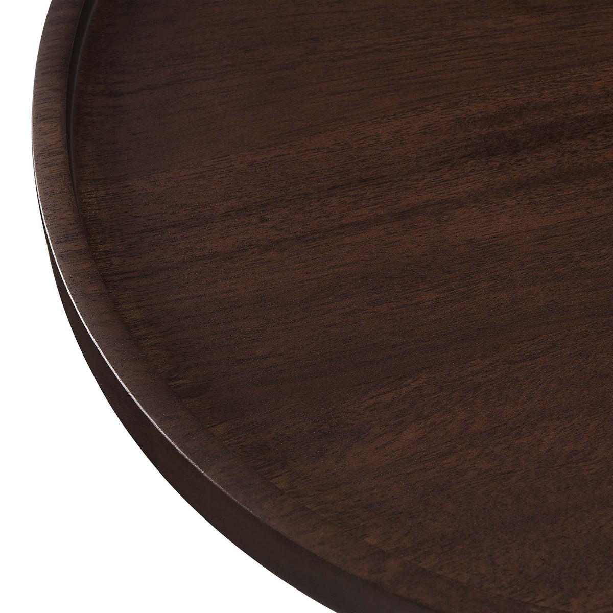 Amina round acacia wood side table with dark brown grain and curved edge on Tampa Home & Garden Store