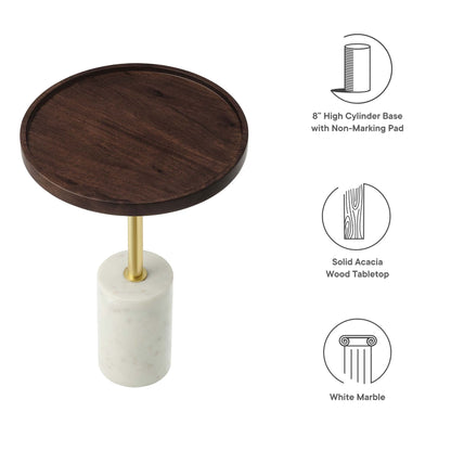 Amina Round Acacia Wood Side Table with dark wood top, brass pedestal, white marble base on Tampa Home & Garden Store