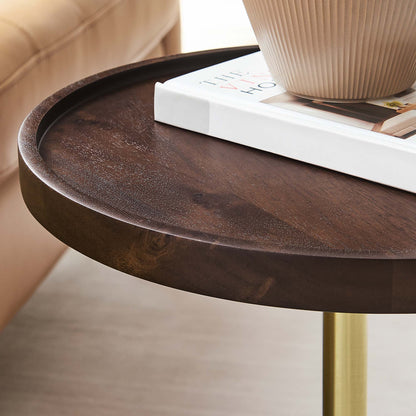 Amina Round Acacia Wood Side Table with dark finish and gold leg on Tampa Home & Garden Store
