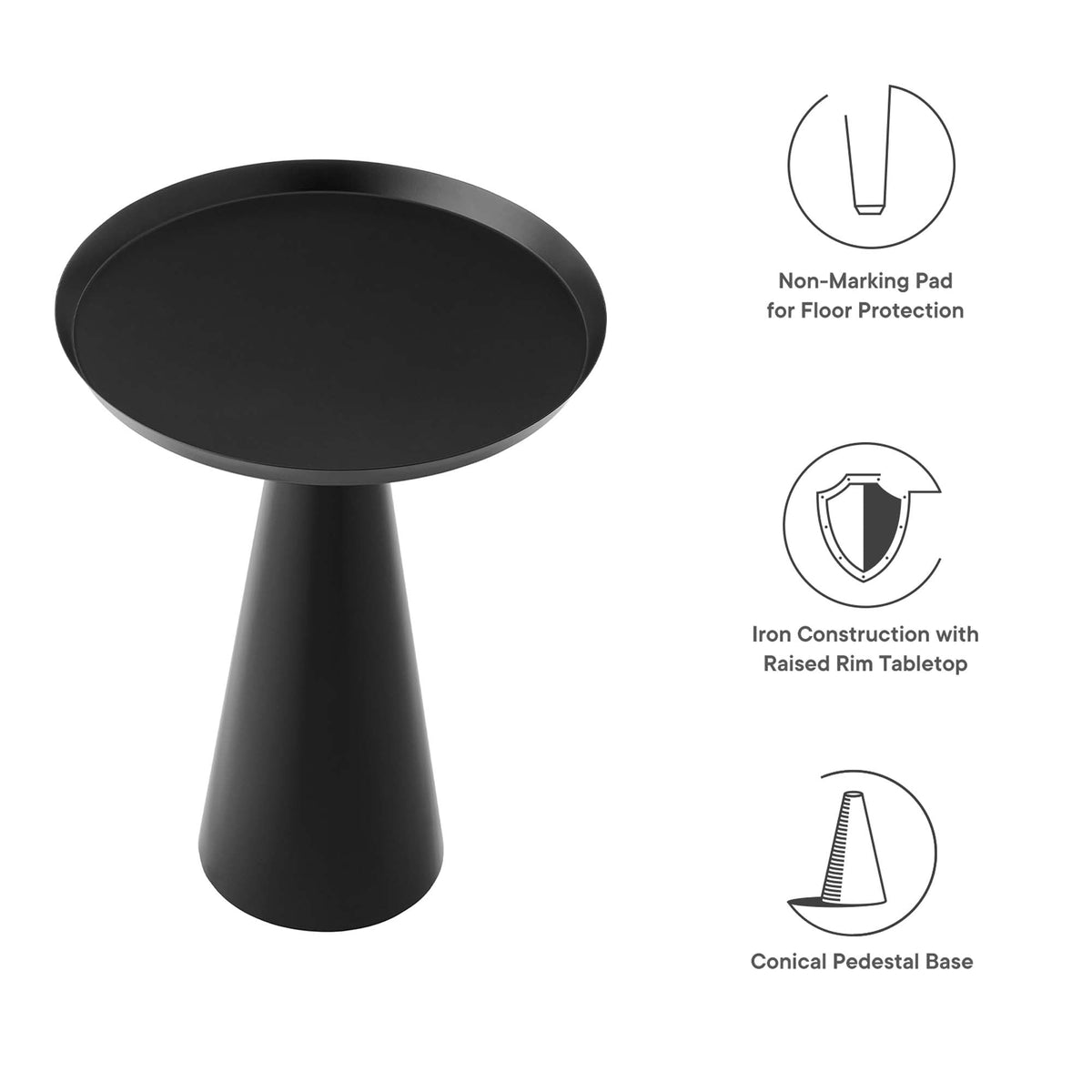 Maren Round Side Table black powder-coated metal top on a conical pedestal base HouseOfZazla on Tampa Home & Garden Store