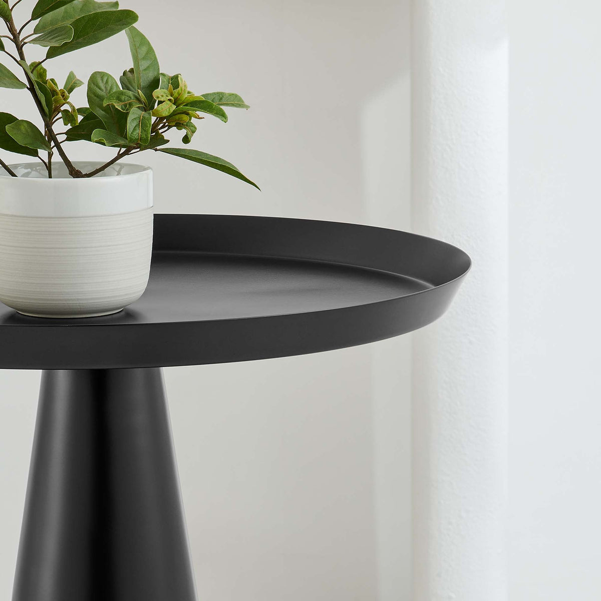 Maren Round Side Table by Modway with black round top and white planter with green foliage on Tampa Home & Garden Store