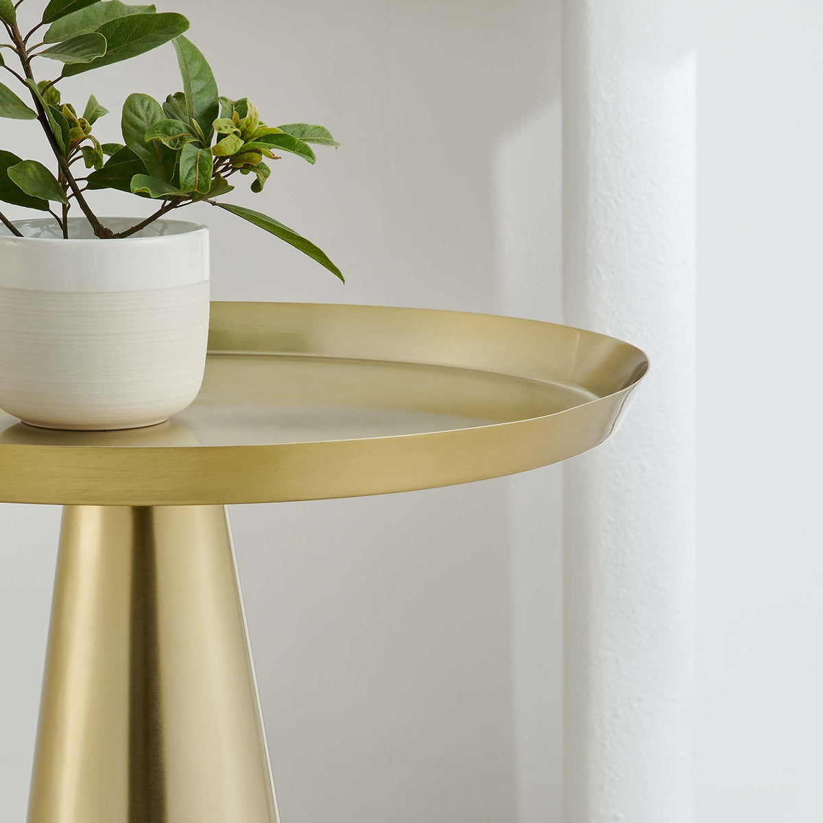 Maren Round Side Table by Modway with white planter and green plant on a gold finish table on Tampa Home & Garden Store