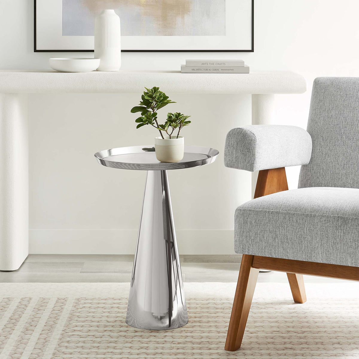 Maren Round Side Table by Modway with a silver chrome pedestal base and round top on Tampa Home & Garden Store