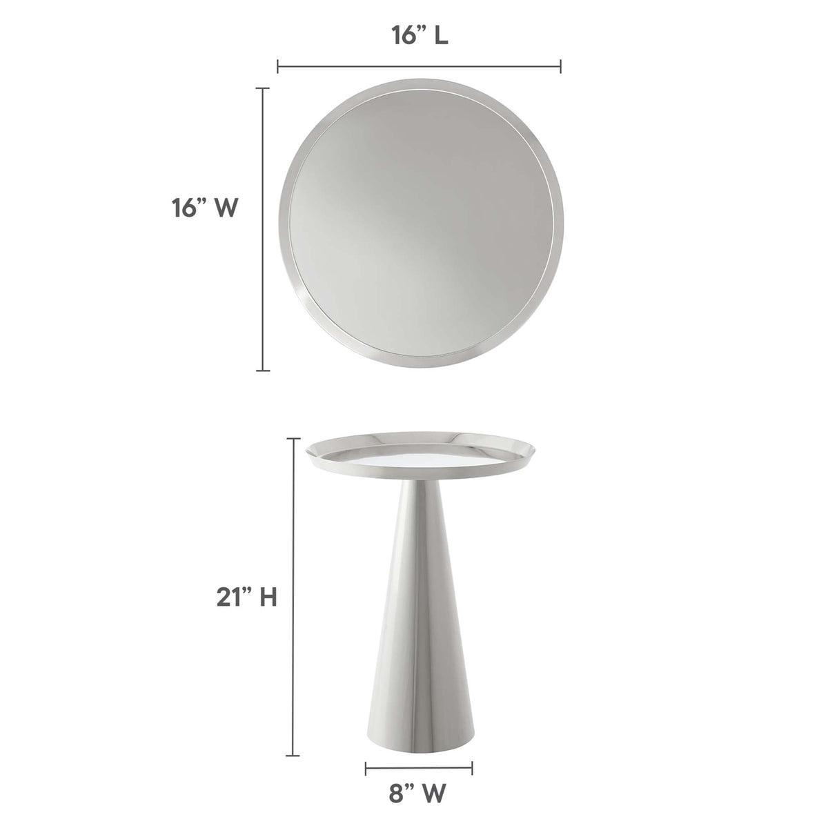 Maren Round Side Table by Modway, 16in round silver metal top with pedestal base, 21in high on Tampa Home & Garden Store
