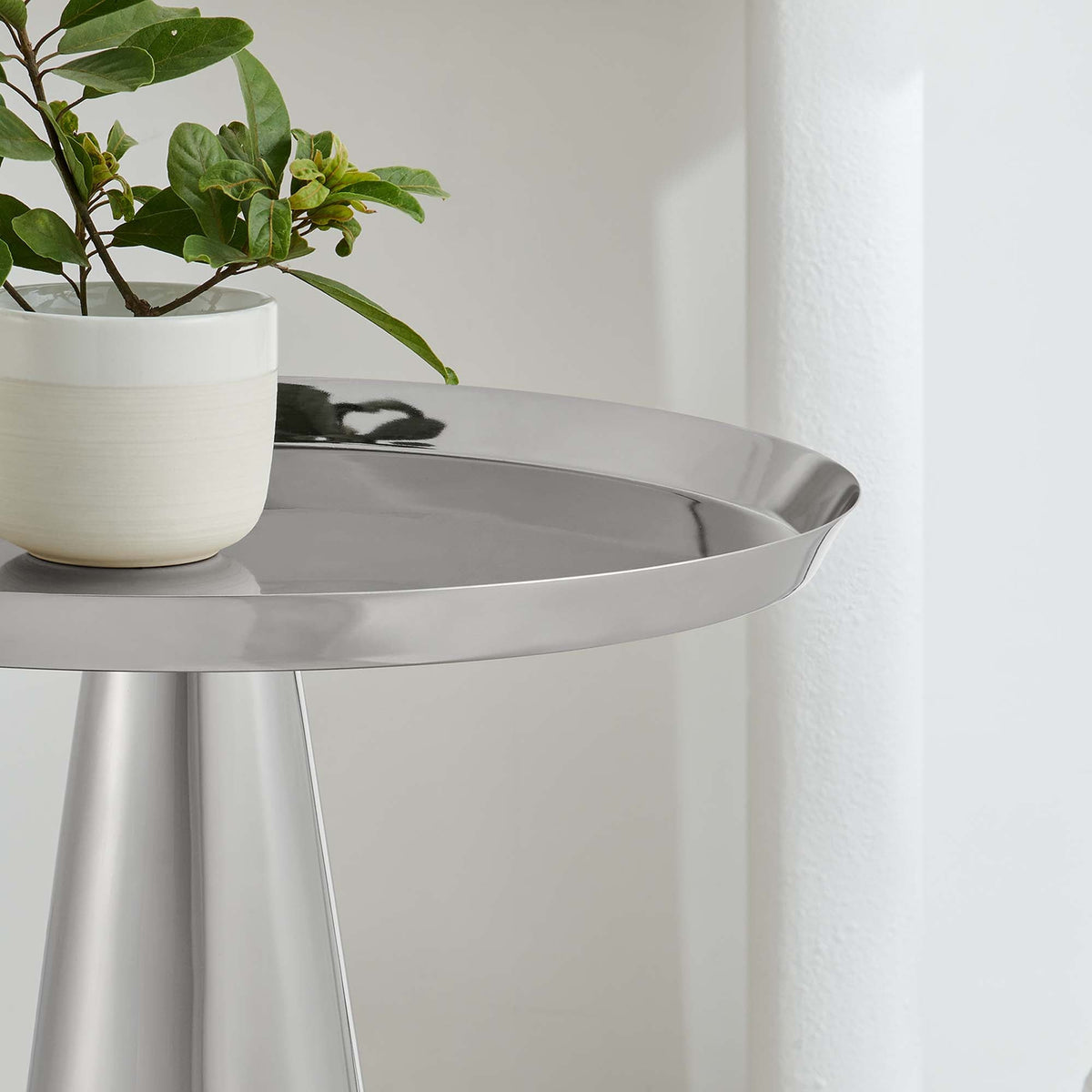 Maren Round Side Table with white ceramic pot and green plant on metallic surface on Tampa Home & Garden Store