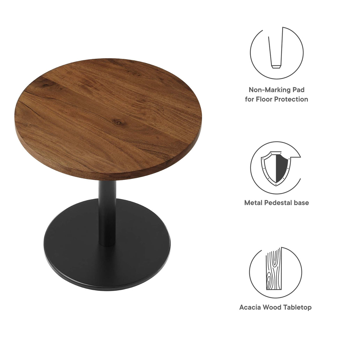 Viva Round Acacia Wood Side Table by Modway with black metal pedestal base on Tampa Home & Garden Store