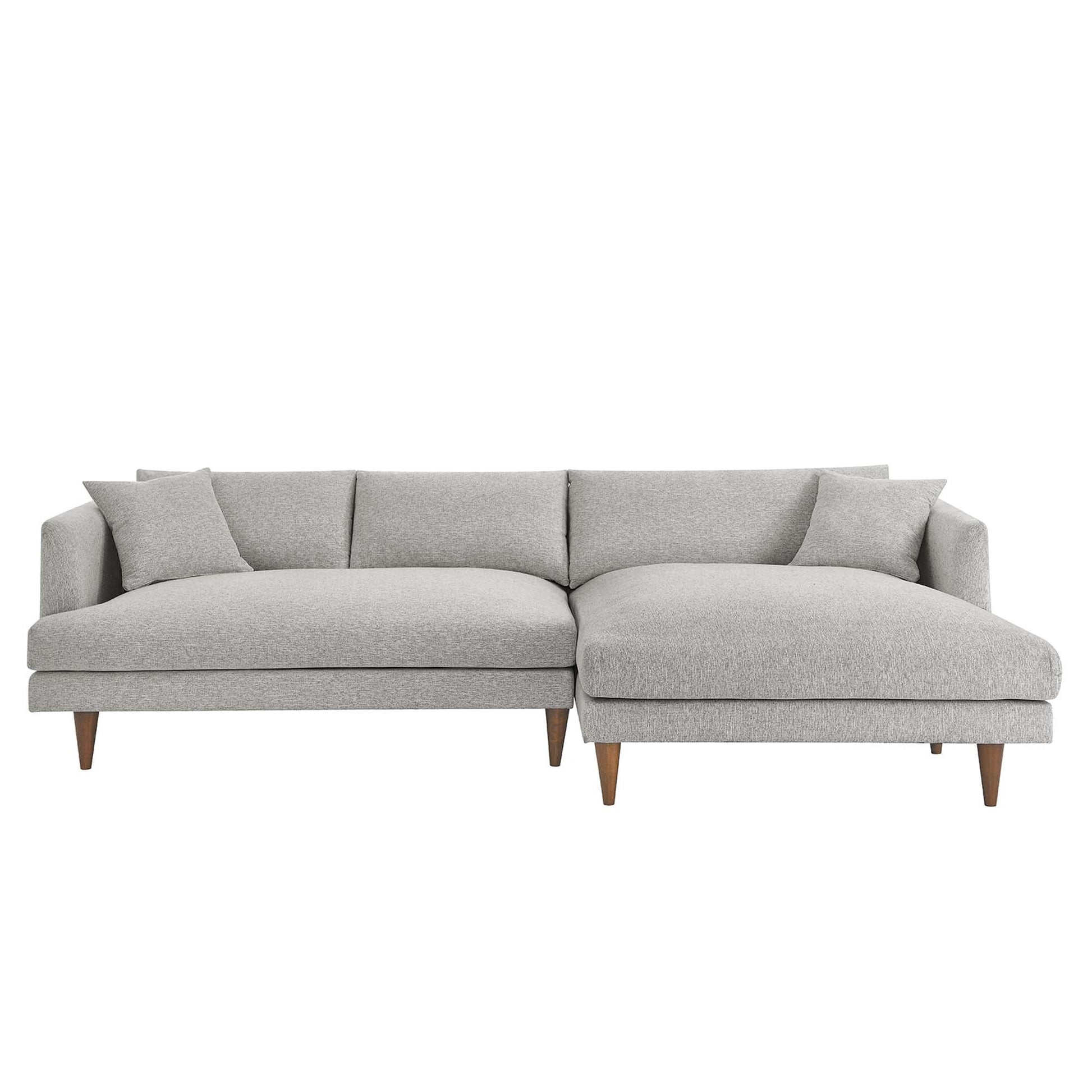 Zoya right-facing down-filled overstuffed sectional sofa in gray fabric with tapered wooden legs on Tampa Home & Garden Store