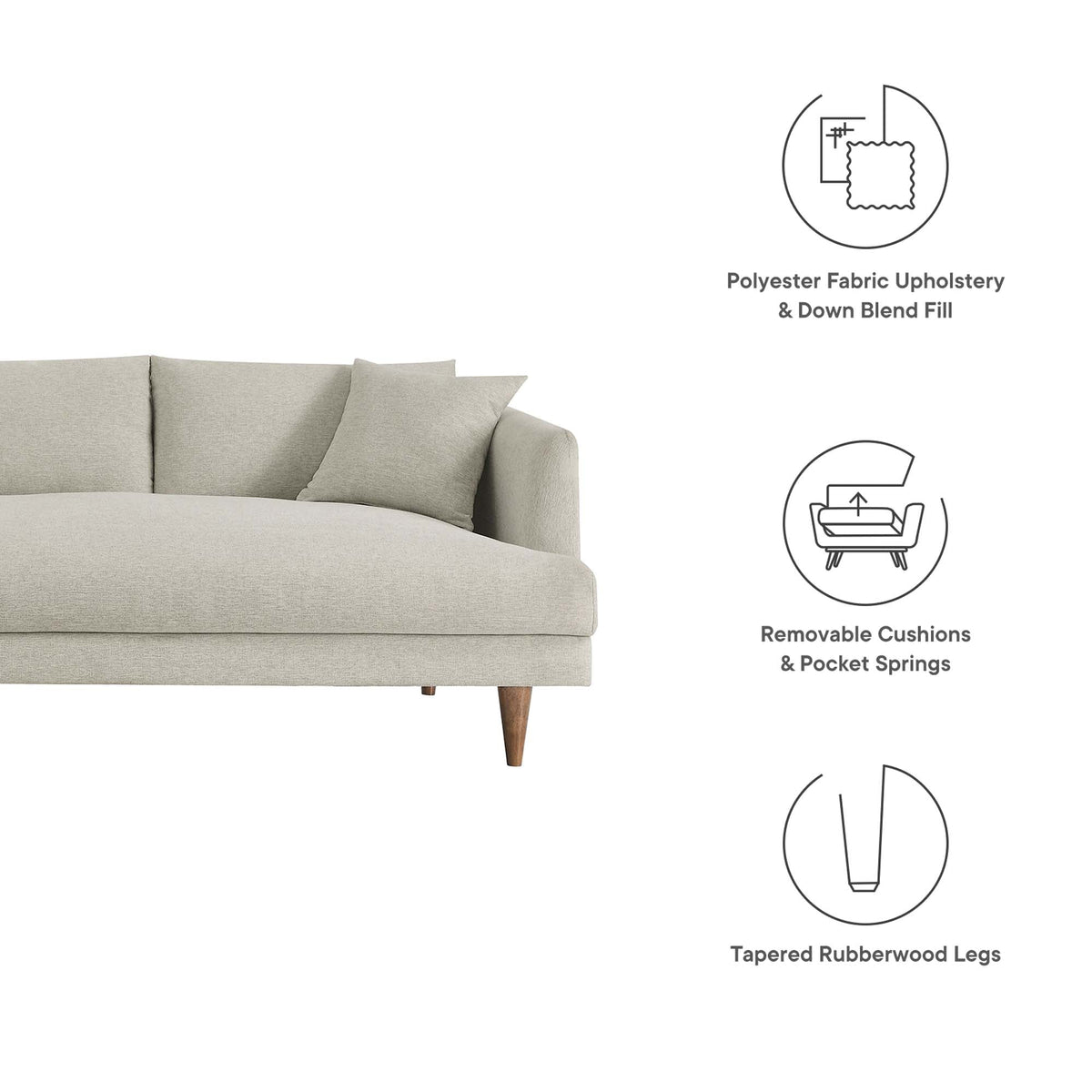 Zoya 3-Piece Down Filled Overstuffed Sectional Sofa beige fabric with tapered legs on Tampa Home & Garden Store