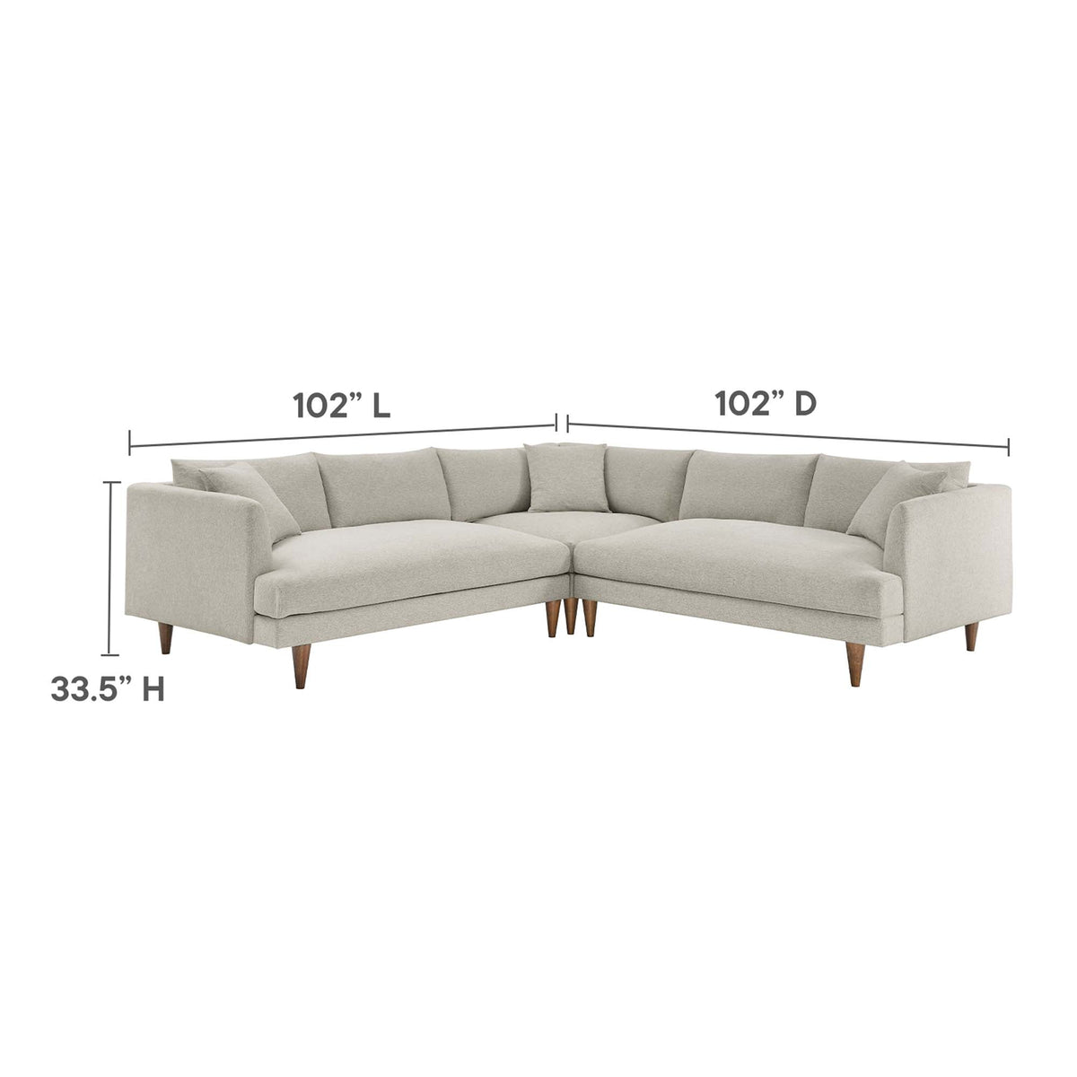Zoya 3 Piece sectional sofa beige fabric with down-filled cushions and tapered wooden legs on Tampa Home & Garden Store