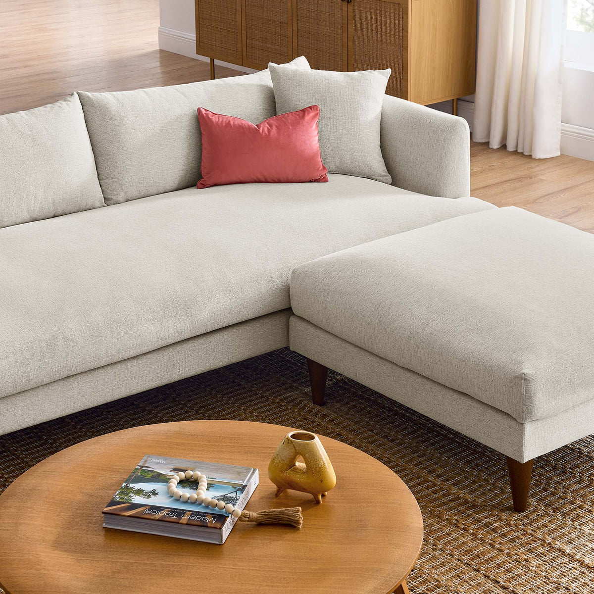 Zoya down-filled sofa and ottoman by Modway in beige fabric with coral cushion on Tampa Home & Garden Store