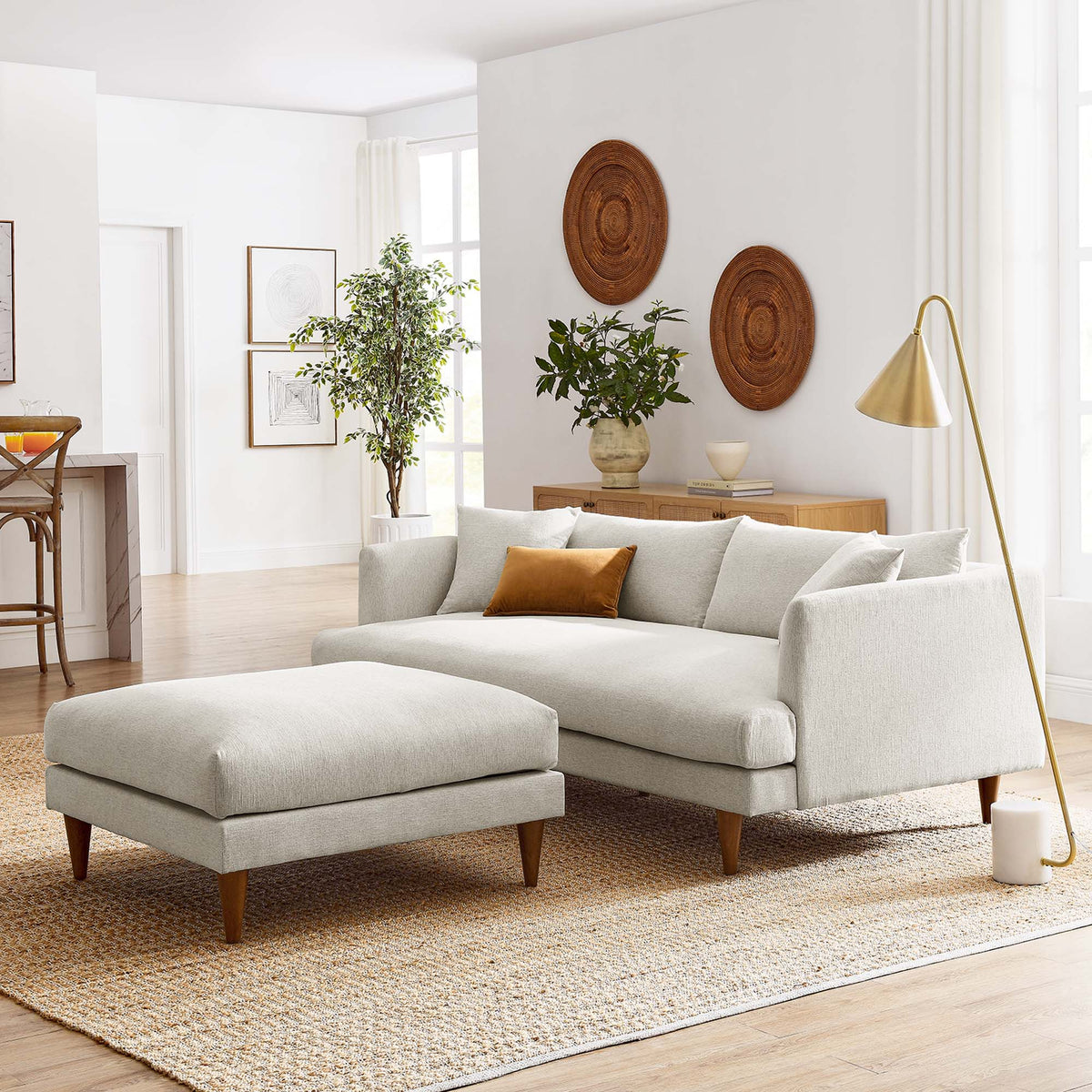 Zoya 2-piece down-filled sofa and ottoman set in light gray fabric with wooden legs by Modway on Tampa Home & Garden Store